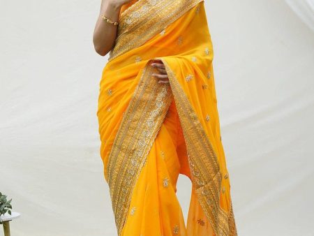 Aastha Fashion Yellow Georgette Embroidery Work Lace Border With Whole Sarees Butta Work Saree Hot on Sale