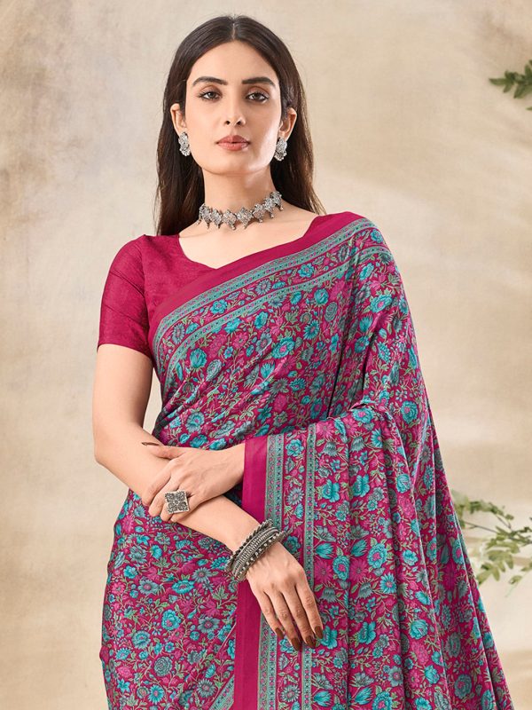 NOZ2TOZ Women s Crepe Pink Printed Designer Saree With Blouse Piece Fashion