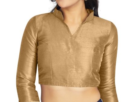 Aastha Fashion Beige Art Silk V Neck Chinese Collar Matty In Sleeve Readymade Blouse Supply