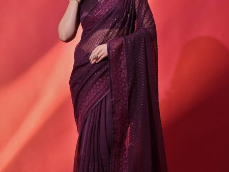 Aastha Fashion Wine Soft Georgette Sequins Embroidered Saree Online