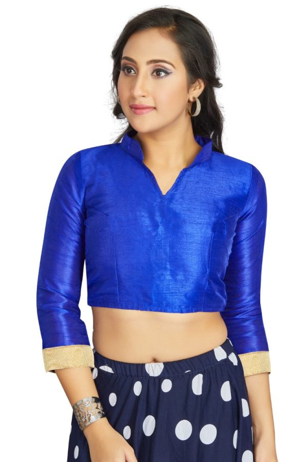 Aastha Fashion Royal Blue Art Silk V Neck Chinese Collar Matty In Sleeve Readymade Blouse Discount