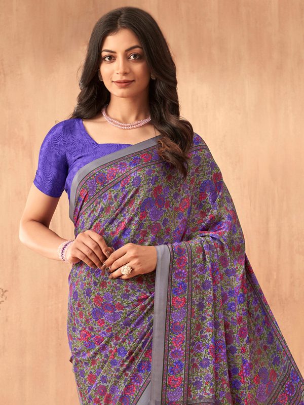 NOZ2TOZ Women s Crepe Purple Printed Designer Saree With Blouse Piece Supply