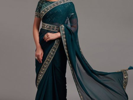 Aastha Fashion Teal Heavy Chinon Embroidery Work Belt Attached Saree Online Hot Sale