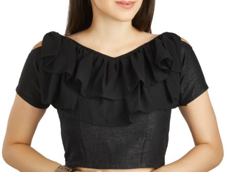 Aastha Fashion Black Art Silk V Neck Frill neck Work Readymade Blouse on Sale