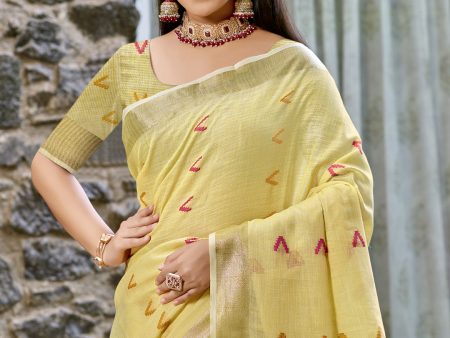 Aanika Women Yellow Cotton Saree With Unstitched Blouse Online Sale