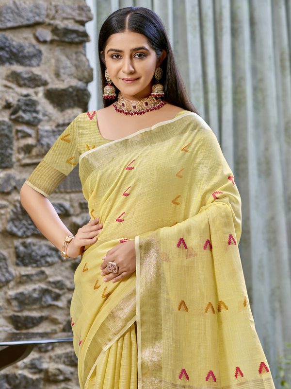 Aanika Women Yellow Cotton Saree With Unstitched Blouse Online Sale