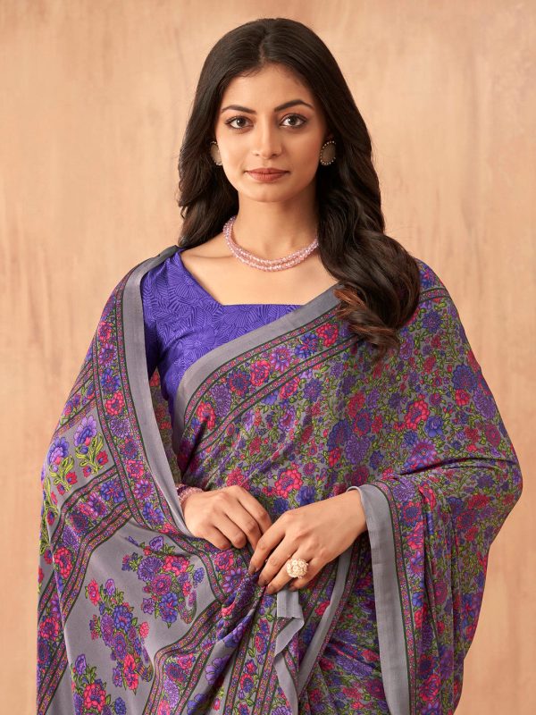 NOZ2TOZ Women s Crepe Purple Printed Designer Saree With Blouse Piece Supply