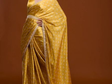 Aastha Fashion Yellow Heavy Chinon Silk Bandhani Print Sarees With Zari Embroidery Work Lace With Amazing Beautiful Belt Saree For Cheap