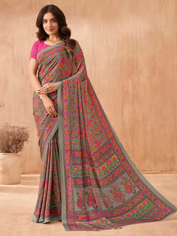 NOZ2TOZ Women s Crepe Pink Printed Designer Saree With Blouse Piece Online Sale