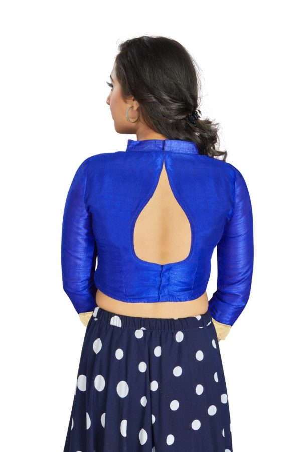 Aastha Fashion Royal Blue Art Silk V Neck Chinese Collar Matty In Sleeve Readymade Blouse Discount