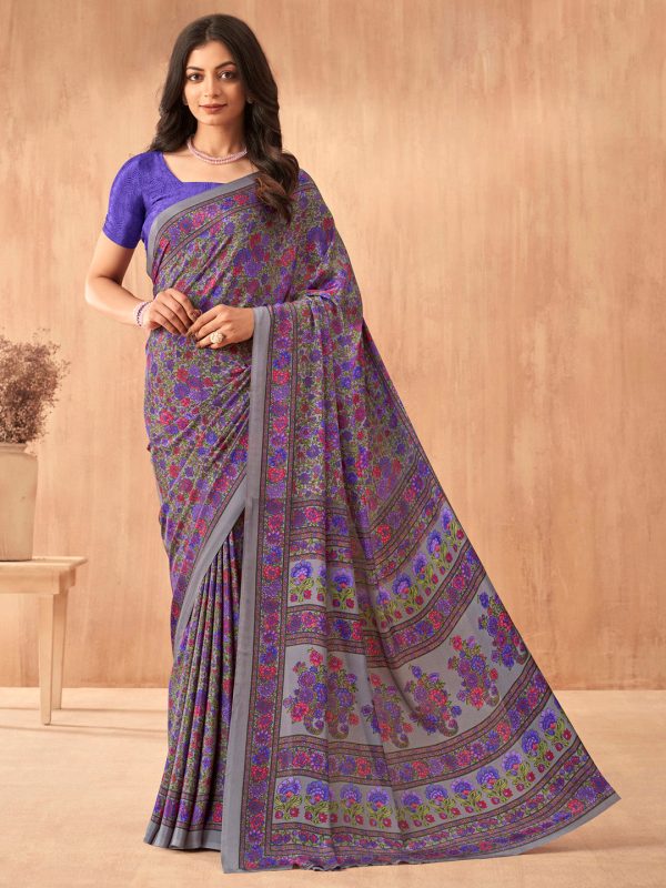 NOZ2TOZ Women s Crepe Purple Printed Designer Saree With Blouse Piece Supply