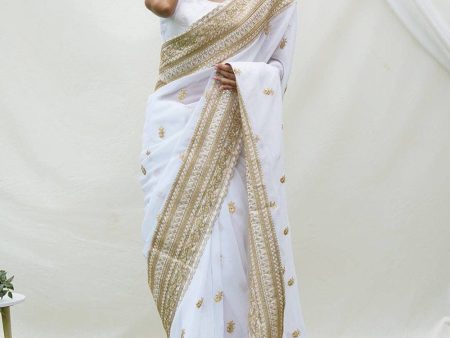 Aastha Fashion White Georgette Embroidery Work Lace Border With Whole Sarees Butta Work Saree Discount