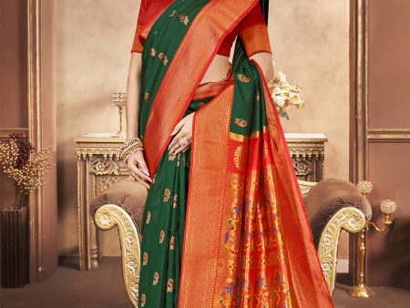 Aanika Women Bottle Green Silk Woven Work Festival Saree For Discount