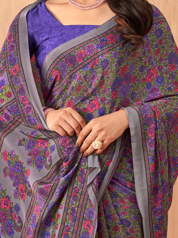 NOZ2TOZ Women s Crepe Purple Printed Designer Saree With Blouse Piece Supply