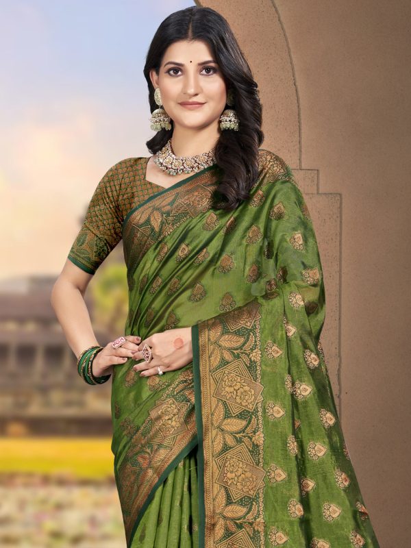 Aanika Women Mehndi Green Silk Saree With Unstitched Blouse Online now