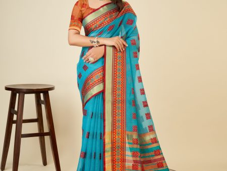 NOZ2TOZ Women Sky Kota Doriya Soft Silk Weaving Work Saree With Unstitched Blouse Online Sale