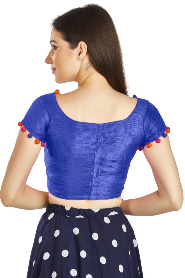 Aastha Fashion Royal Blue Art Sleek Boat Neck Potli Design In Neck Or Sleeve Readymade Blouse Online Sale