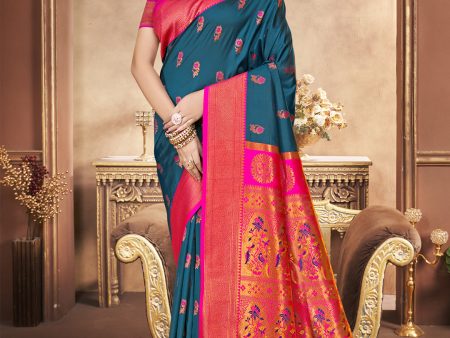 Aanika Women Blue Silk Woven Work Festival Saree For Discount