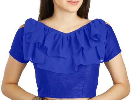 Aastha Fashion Royal Blue Art Silk V Neck Frill neck Work Readymade Blouse Cheap