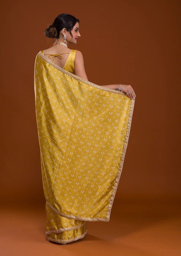 Aastha Fashion Yellow Heavy Chinon Silk Bandhani Print Sarees With Zari Embroidery Work Lace With Amazing Beautiful Belt Saree For Cheap