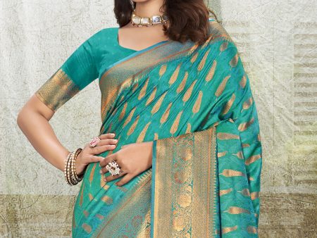 Aanika Women Turquoise Silk Saree With Unstitched Blouse For Sale