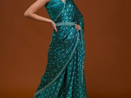 Aastha Fashion Teal Heavy Chinon Silk Bandhani Print Sarees With Zari Embroidery Work Lace With Amazing Beautiful Belt Saree Fashion