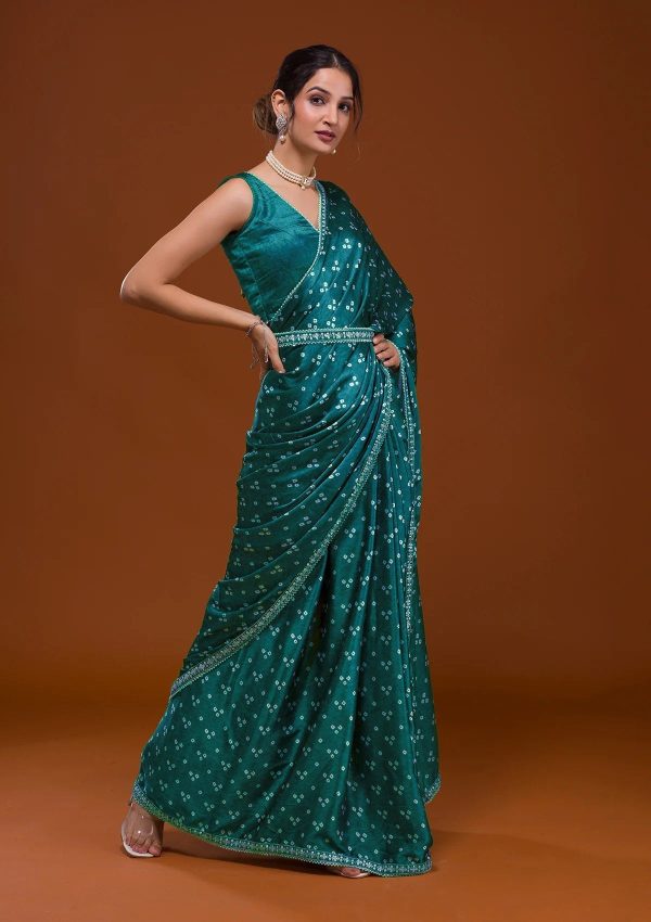 Aastha Fashion Teal Heavy Chinon Silk Bandhani Print Sarees With Zari Embroidery Work Lace With Amazing Beautiful Belt Saree Fashion