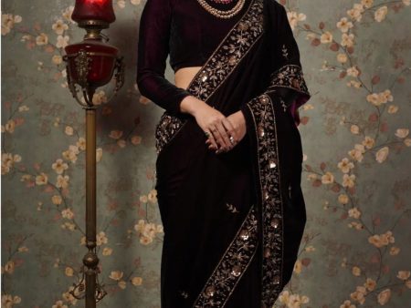 Aastha Fashion Wine Pure Viscous Velvet Beautiful Sequins And Zari Embroidery Work Saree Supply