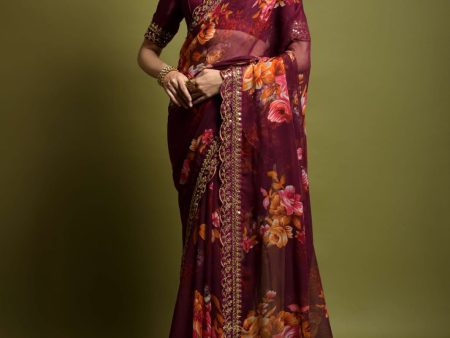 Aastha Fashion Wine Georgette Chiffon Flower Print With Foil Work Saree Online Sale