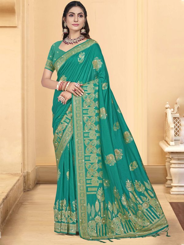 Aanika Women Turquoise Silk Woven Work Festival Saree Online Hot Sale