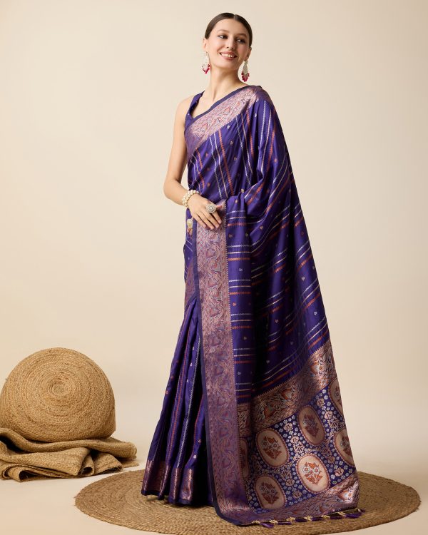 NOZ2TOZ Women Violet Pure Jacquard Zari Work Saree With Unstitched Blouse Fashion