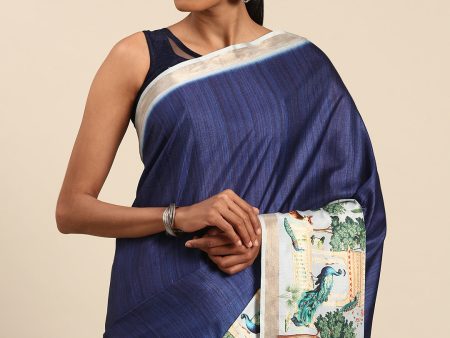 Aanika Women Blue Cotton Saree With Unstitched Blouse Discount