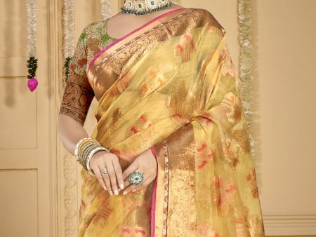 Aanika Women Beige Organza Saree With Unstitched Blouse Discount