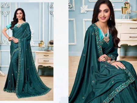 Aastha Fashion Teal Vichitra Silk Embroidery Threads Work Saree Saree Sale