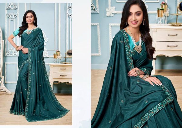 Aastha Fashion Teal Vichitra Silk Embroidery Threads Work Saree Saree Sale