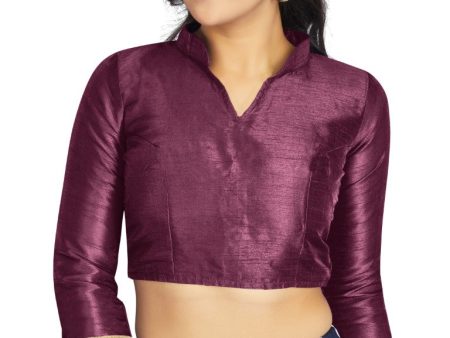 Aastha Fashion Dark Purple Art Silk V Neck Chinese Collar Matty In Sleeve Readymade Blouse Online Hot Sale