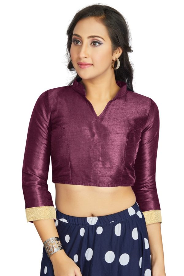 Aastha Fashion Dark Purple Art Silk V Neck Chinese Collar Matty In Sleeve Readymade Blouse Online Hot Sale