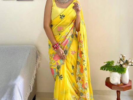 Aastha Fashion Yellow Heavy Georgette 3 Mm Sequence Saree Hot on Sale