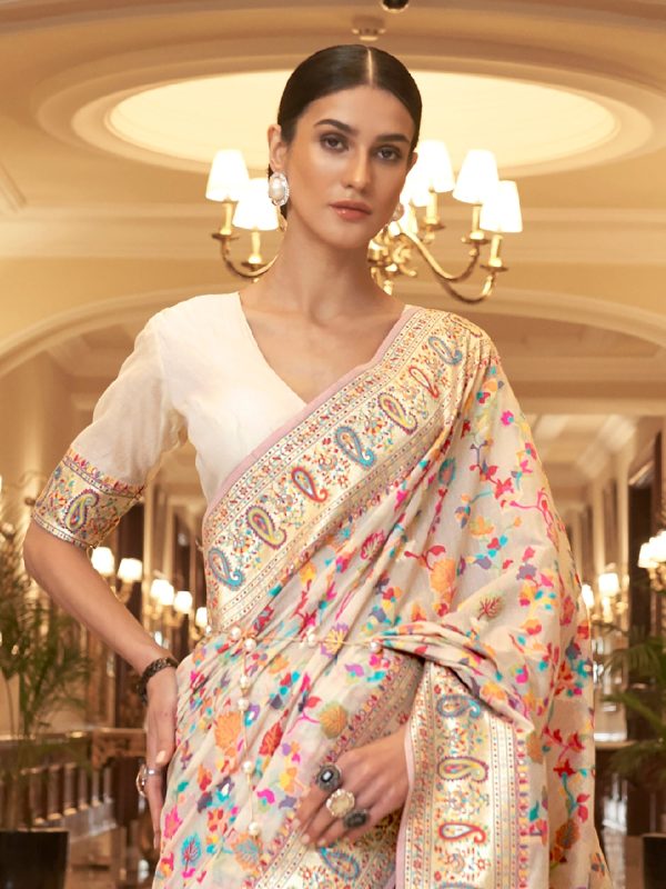 NOZ2TOZ Women s Silk Blend Cream Woven Design Celebrity Saree With Blouse Piece For Discount