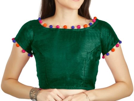 Aastha Fashion Bottle Green Art Sleek Boat Neck Potli Design In Neck Or Sleeve Readymade Blouse Cheap