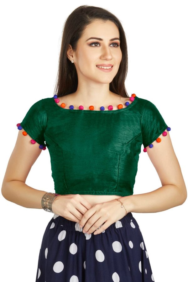 Aastha Fashion Bottle Green Art Sleek Boat Neck Potli Design In Neck Or Sleeve Readymade Blouse Cheap