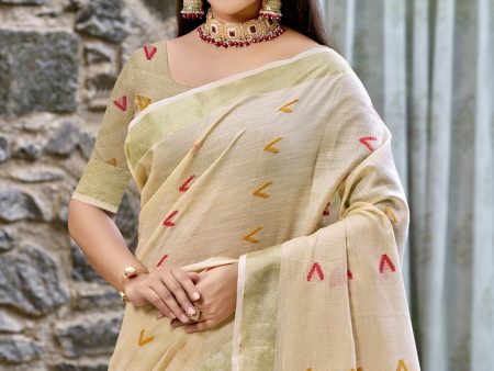 Aanika Women Beige Cotton Saree With Unstitched Blouse Cheap