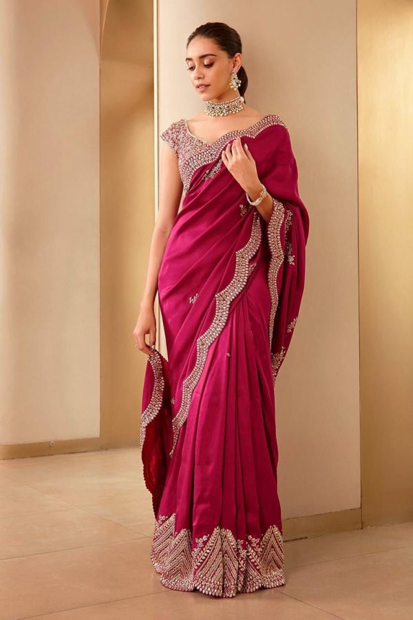 Aastha Fashion Red Soft Vichitra Silk Sequins Work Saree Fashion