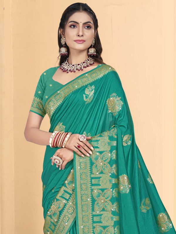 Aanika Women Turquoise Silk Woven Work Festival Saree Online Hot Sale