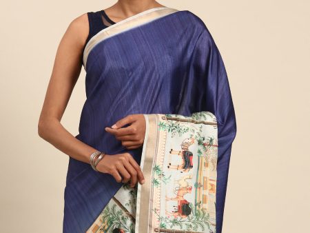 Aanika Women Blue Cotton Saree With Unstitched Blouse For Cheap