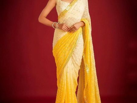 Aastha Fashion Yellow Georgette 7 Mm Embrodery Heavy Sequence Saree For Sale