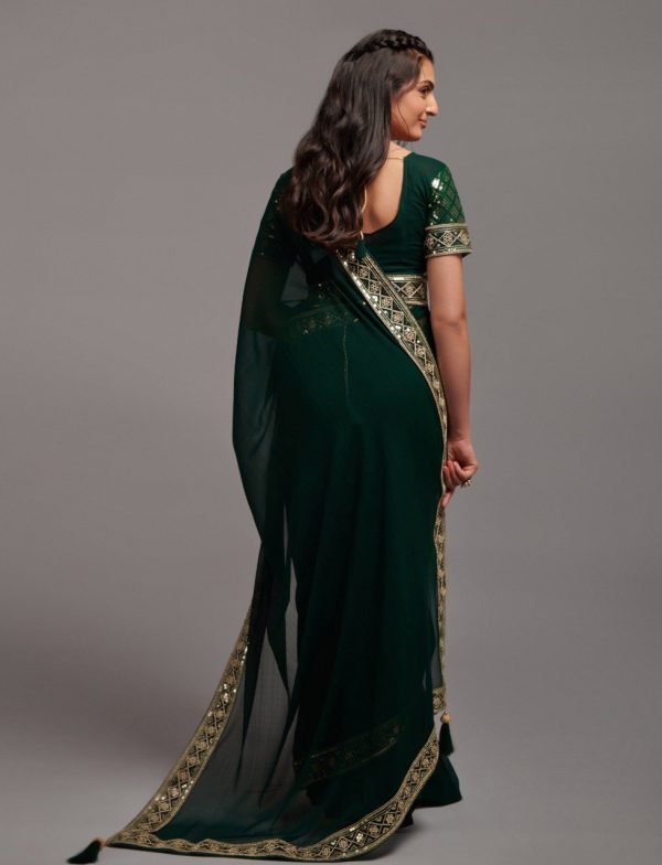 Aastha Fashion Green Heavy Chinon Embroidery Work Belt Attached Saree Hot on Sale