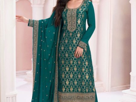 Aastha Fashion Aqua Green Jacquard Viscose Embroidery Pakistani Suit For Cheap