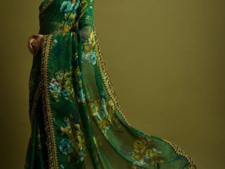 Aastha Fashion Green Georgette Chiffon Flower Print With Foil Work Saree Discount