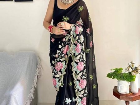 Aastha Fashion Black Heavy Georgette 3 Mm Sequence Saree on Sale